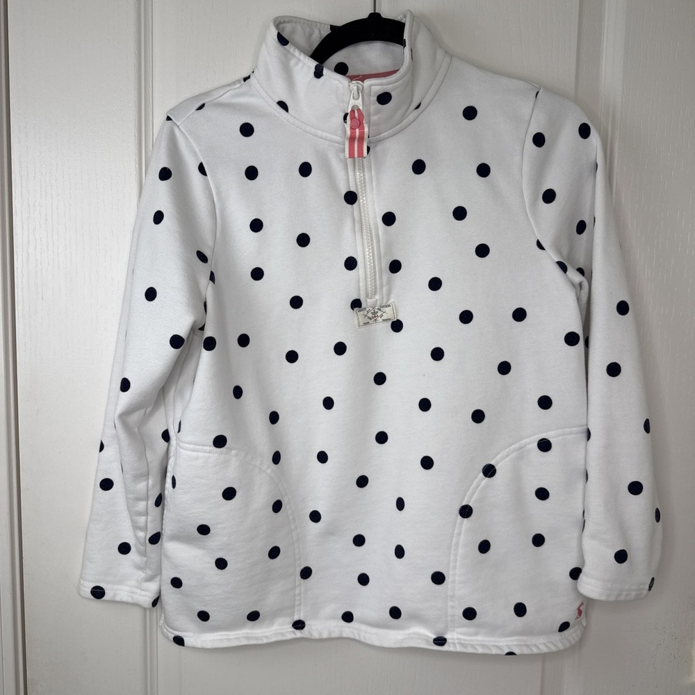 Joules Quarter Zip Sweatshirt Womens US 6 White Navy Polka Dot Pullover